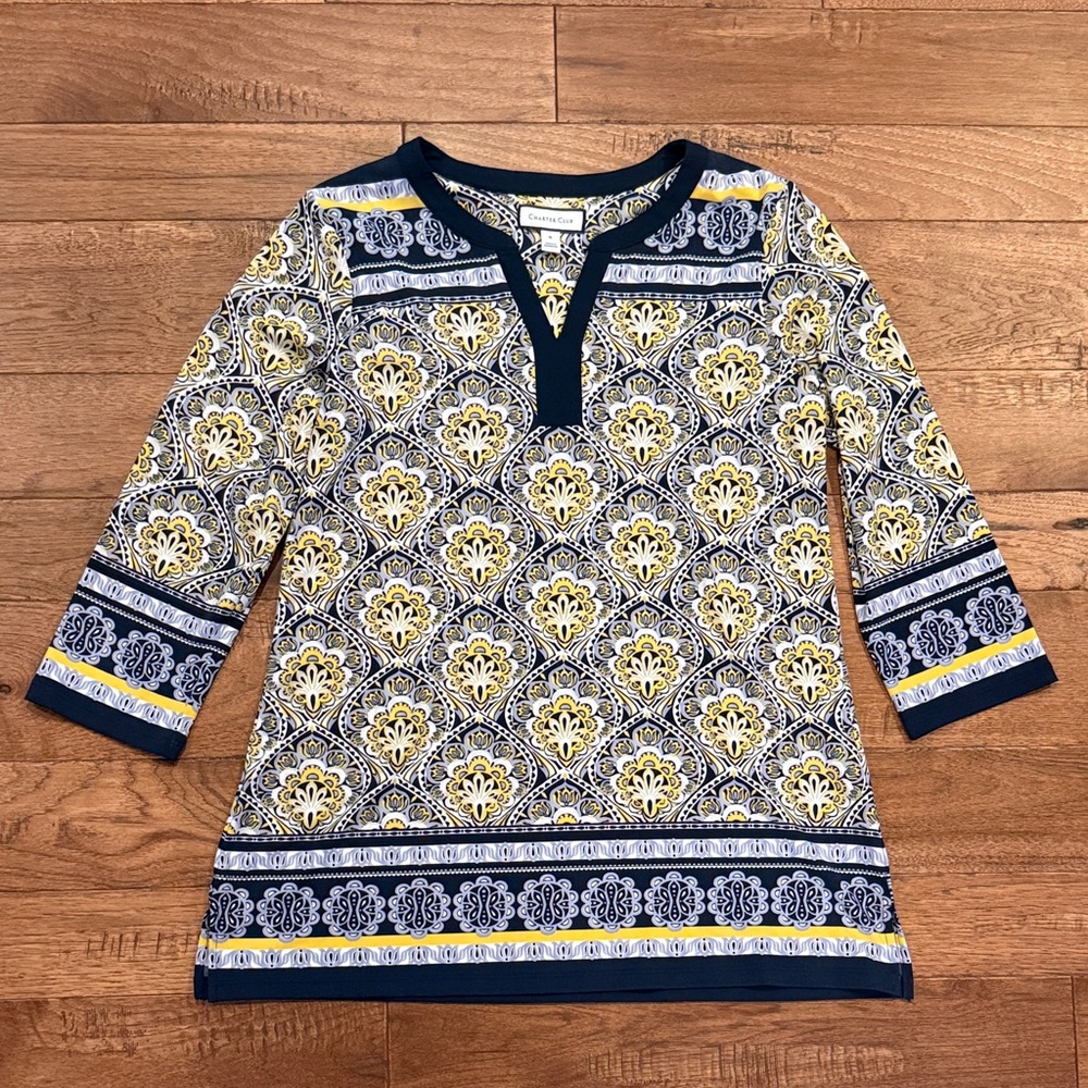 Women’s Charter Club 3/4 Sleeve Geometric Pattern Shirt - Size S